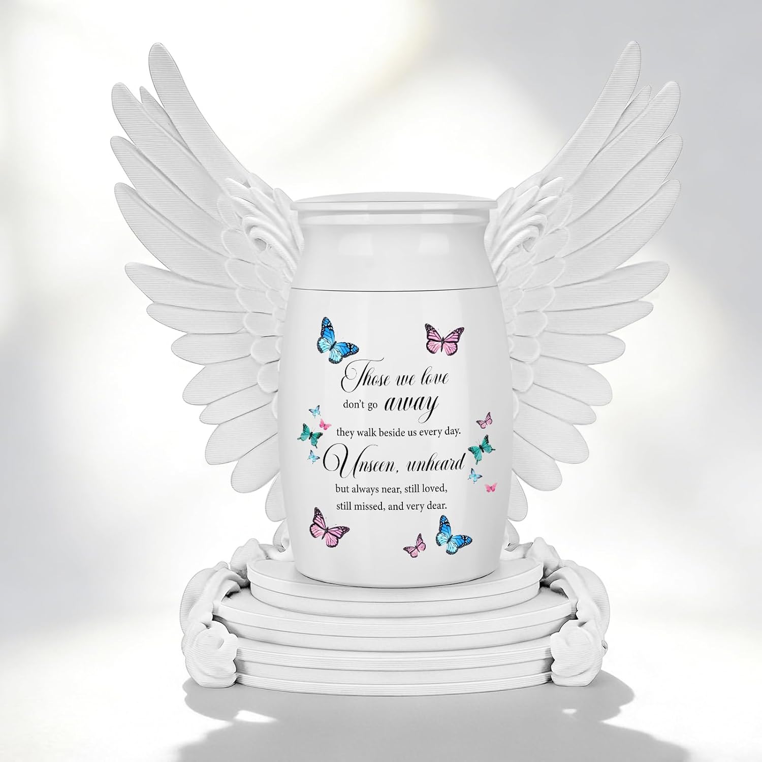 Abooxiu Small Urns for Human Ashes 2.76 Inches Mini Urn Aluminium Small Keepsake Urns with Angel Wings, Memorial Cremation Urn with 5D Printed Wing Frame, Sympathy Remembrance Urn for Loved One, White