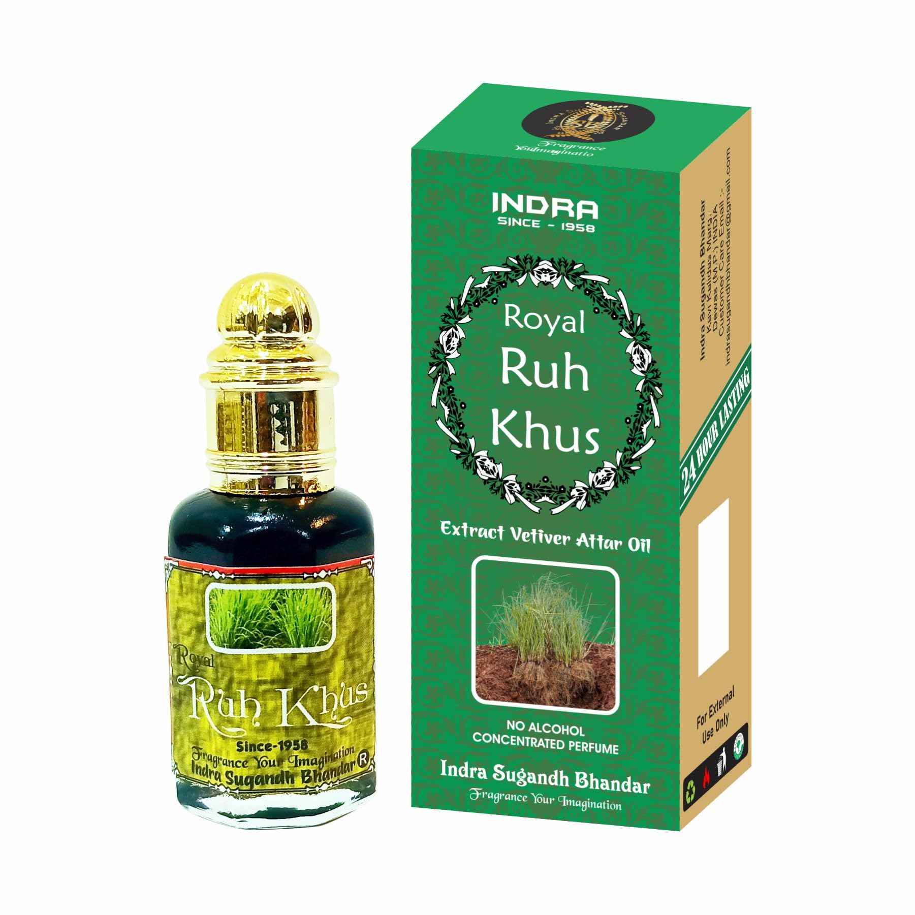 INDRA SUGANDH BHANDAR Attar For Men|Women Royal Ruh Khus In Purest Form Natural Vetiver Oil Long Lasting Fragrance 12ml Rollon Pack