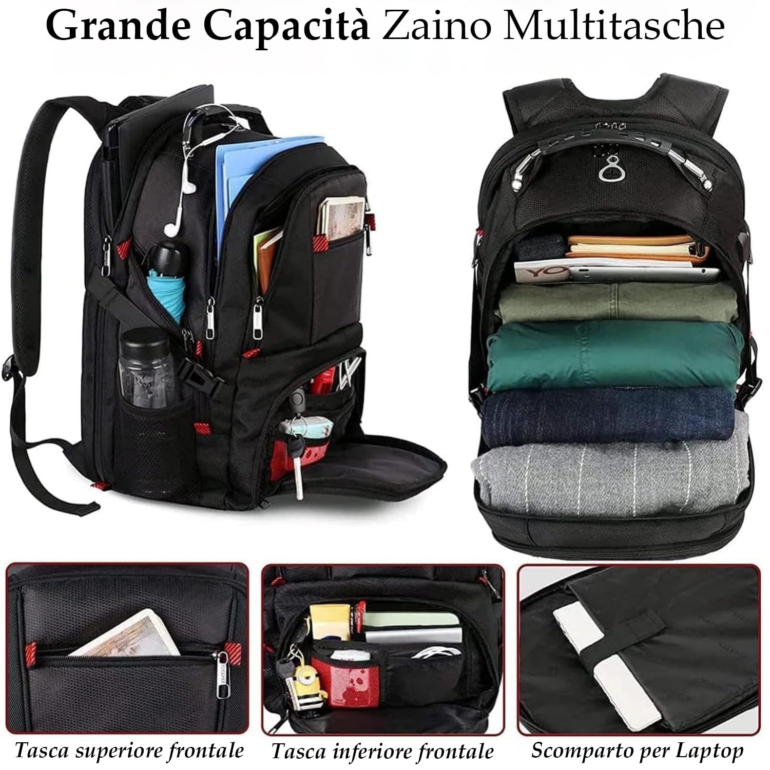 MATEIN Zaino Uomo Grande 50L, Zaino Porta PC 17 Pollici Zaini Lavoro Uomo Zaino Capiente, Impermeabile Zaino per PC Portatile Laptop Computer Notebook Viaggio Ufficio Scuola Università, Nero