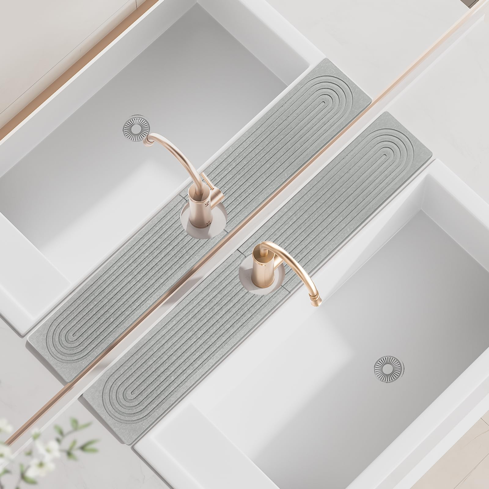 faucet mat for kitchen sink, 15.7" quick absorbent diatomite fast drying stone, kitchen sink splash guard and bathroom stone tray for counter (light gray, 23.6" x 4")