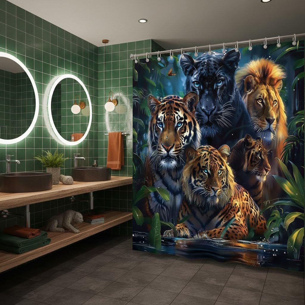 Tiger Wild Animal Shower Curtain, Green Orange and Black Lion Tiger Leopard Panther Theme Cloth Fabric Bathroom Decor Polyester Cloth Print Bathroom Curtains Include 12 Hooks Sets 70〃w by 70〃L