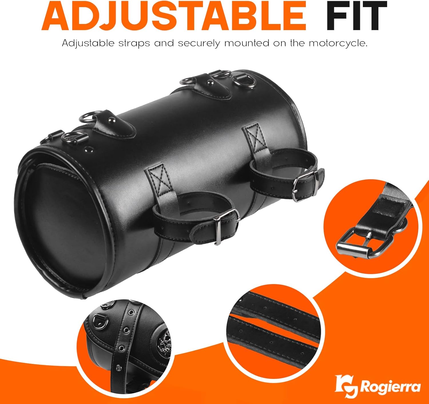 7.9L Motorcycle Tool Bag,Universal PU Leather Motorcycle Fork Bag Waterproof Handlebar Bag, 2 Mounting Straps, Metal Skull Bag - Image 5