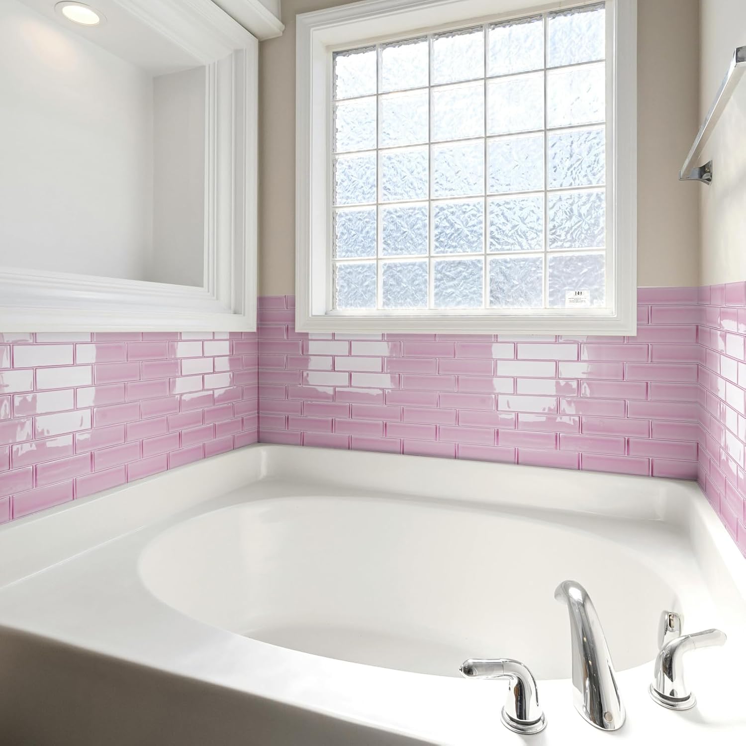 Art3d 10-Pack Heavy-Duty Peel and Stick Backsplash, 12 x 12 Inch Vinyl Seaglass Subway Design Stick on Wall Tile for Kitchen Living Room Home Decor, Pink