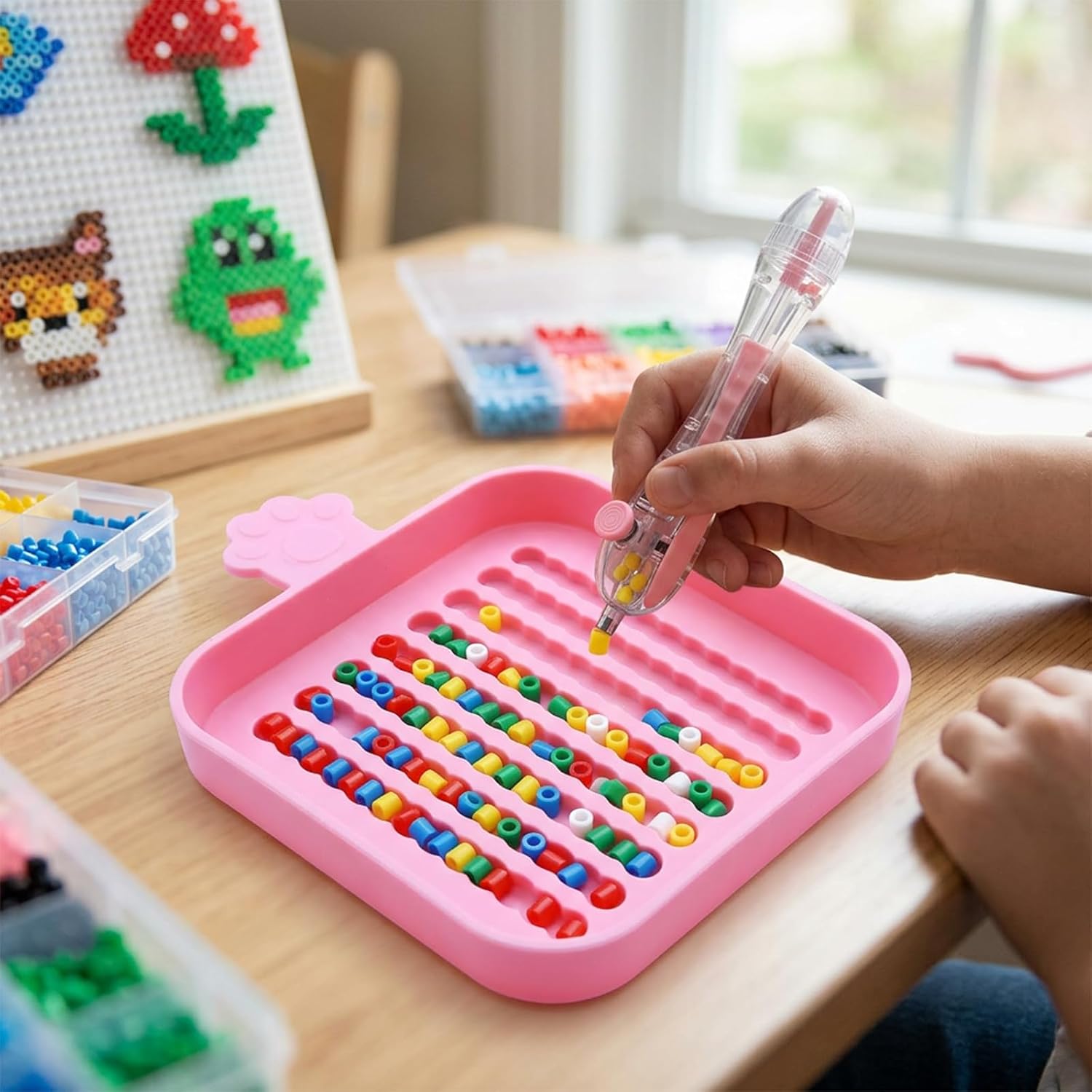 Fuse Bead pens, 6-piece clickable Bead Dispenser Tool with 4 Pink and Blue pens and 2 Pink and Blue Trays, DIY Multi-Color Bead Art Project,Safe and Fun Creative Game