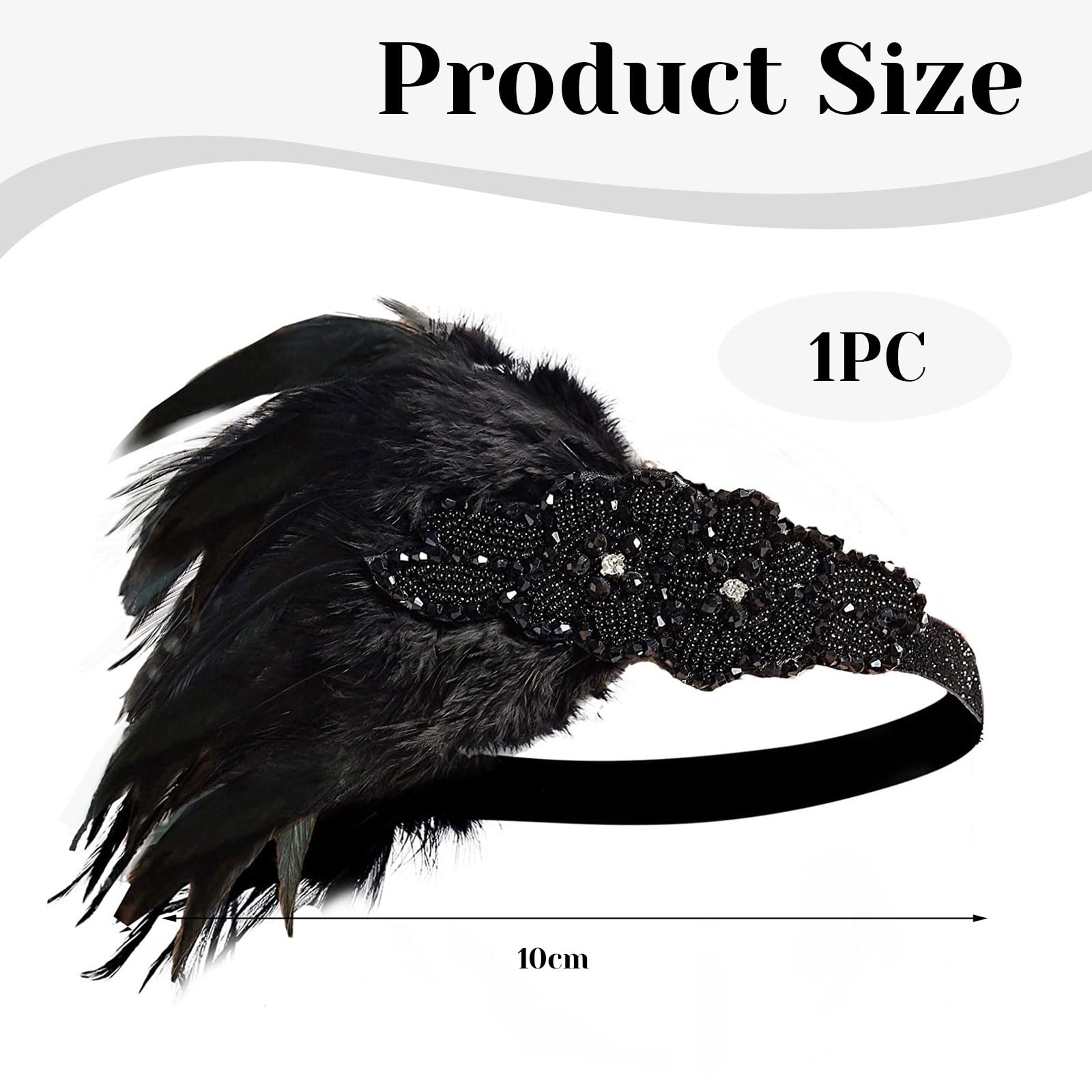 Kabwea 1920s Masquerade Women's Diamond Feather Headband, Hair Band Women, 20s Accessories, 20s Costume, Black, XL - Image 2