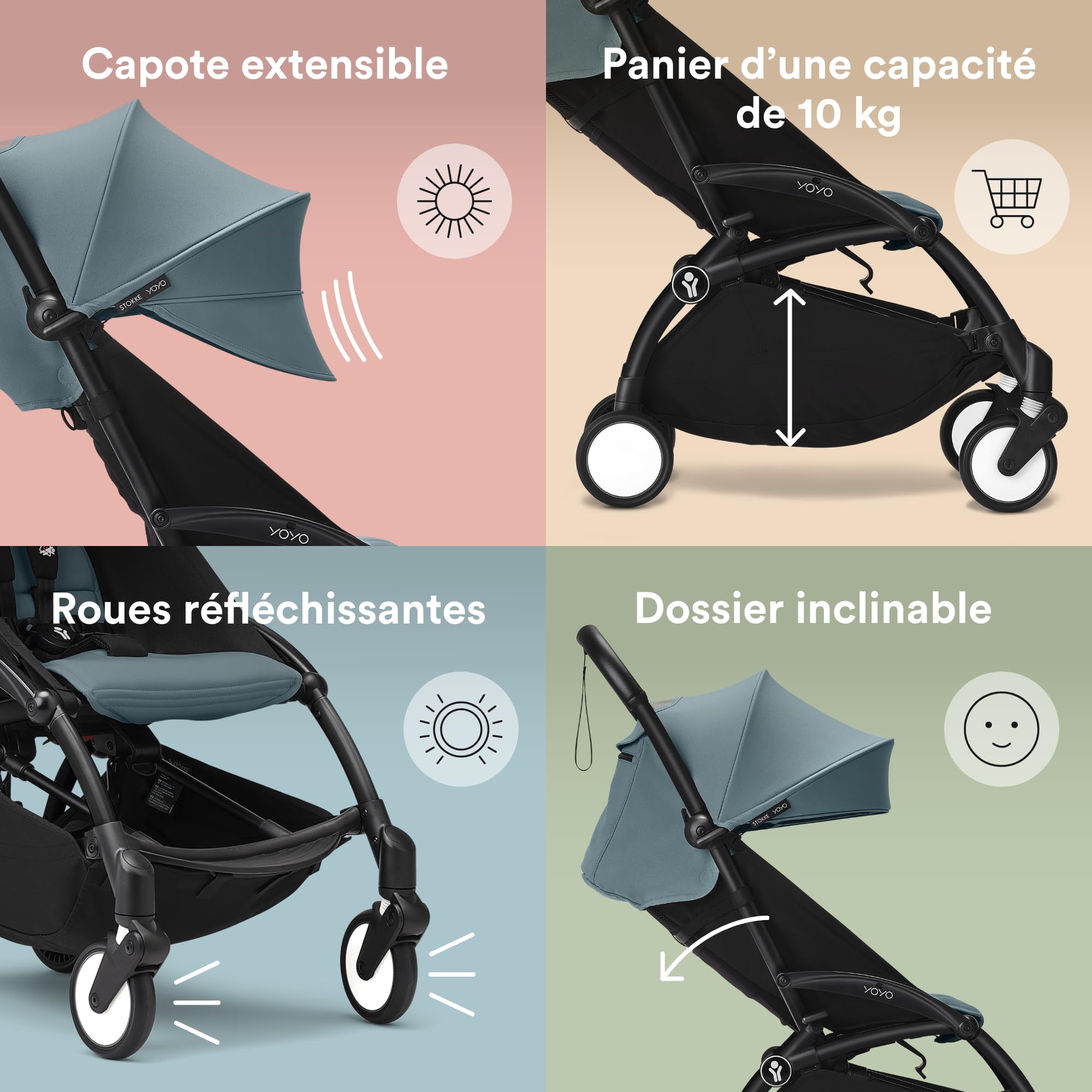 Stokke YOYO3 Poussette avec Pack Nouveau-né et Pack Couleur 6+ (Aqua) Cadre Noir
