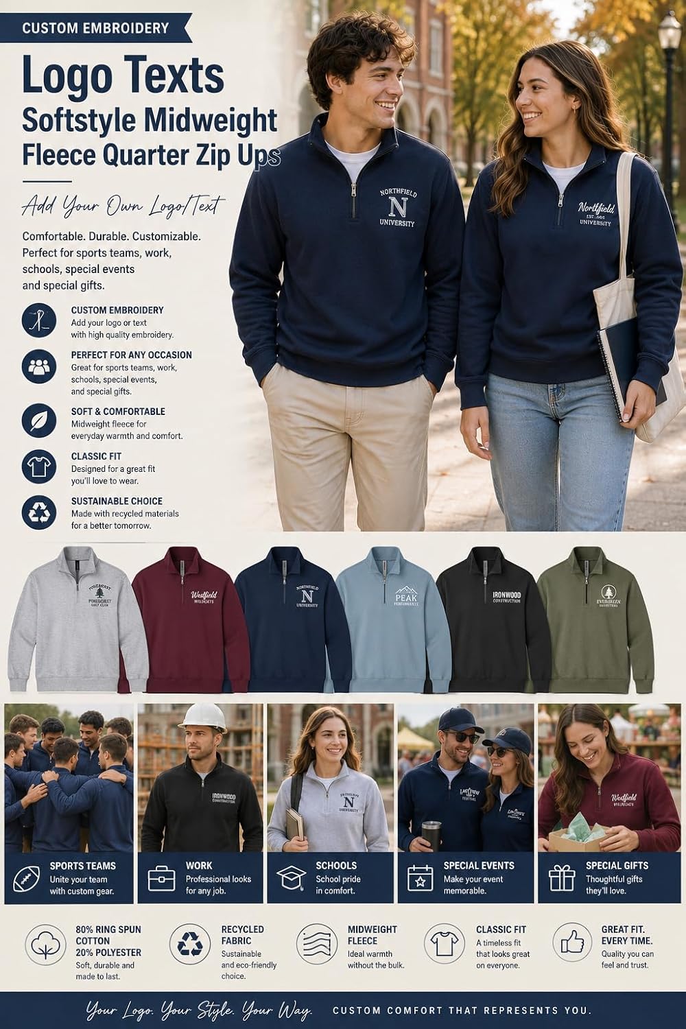 INK STITCH Unisex Sf008 Custom Embroidery Logo Texts Midweight Quarter zip Fleece
