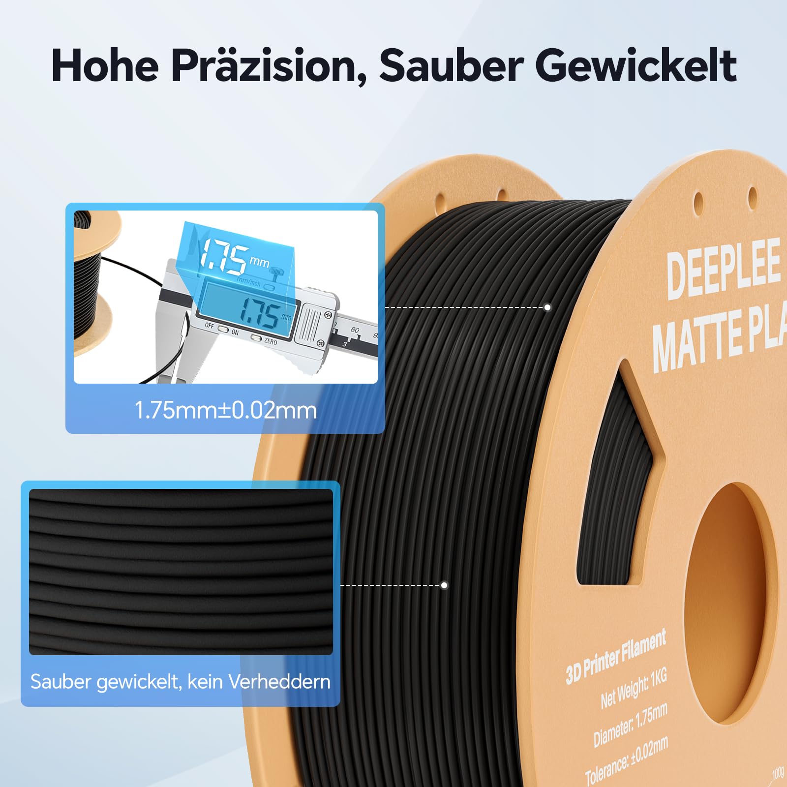 DEEPLEE Matowy filament PLA, 1,75 mm, matowe wykończenie, łupkowo-szary 3 kg (3 x 1 kg), dokładność ± 0,02 mm do drukarek FDM