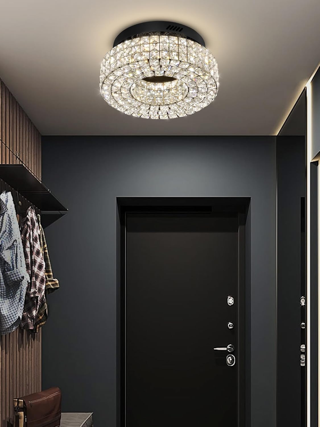 16" Crystal Chandeliers,Round Chandelier for Living Room Modern Ceiling Light Fixture Lamp for Foyer Bedrooms Dining Room Hallway (Black Chandelier) Black Dia 16inch