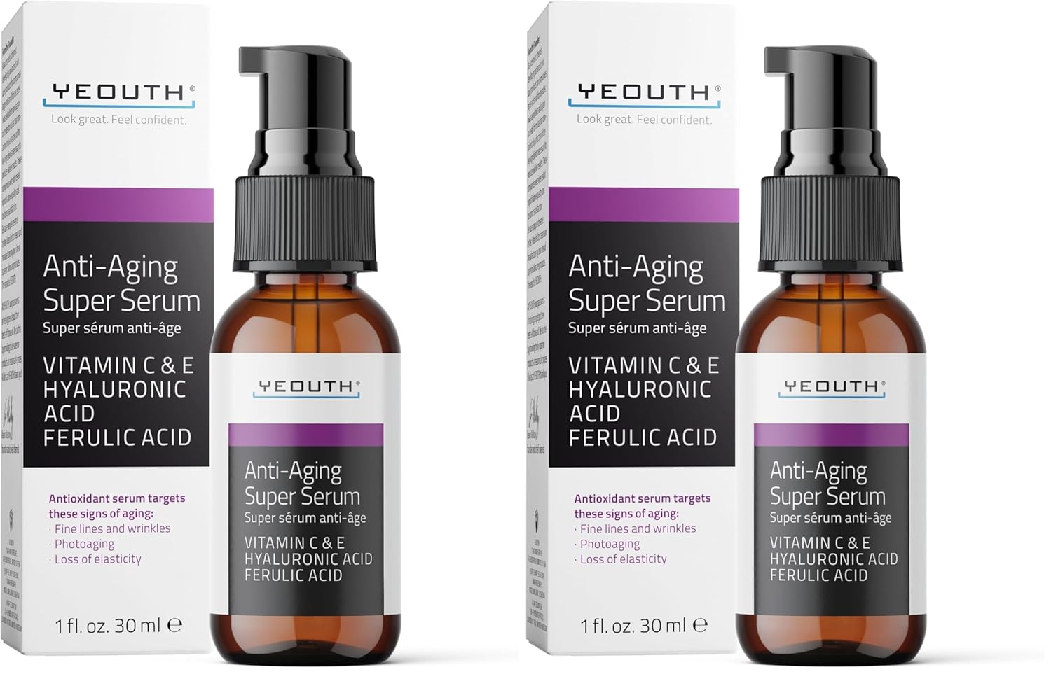 YEOUTH Anti Aging Serum for Face with Hyaluronic Acid, Ferulic Acid, Vitamin C and E, Hydrating Face Serum for Women and Men Targets Dull and Dry Skin 1oz (Pack of 2)