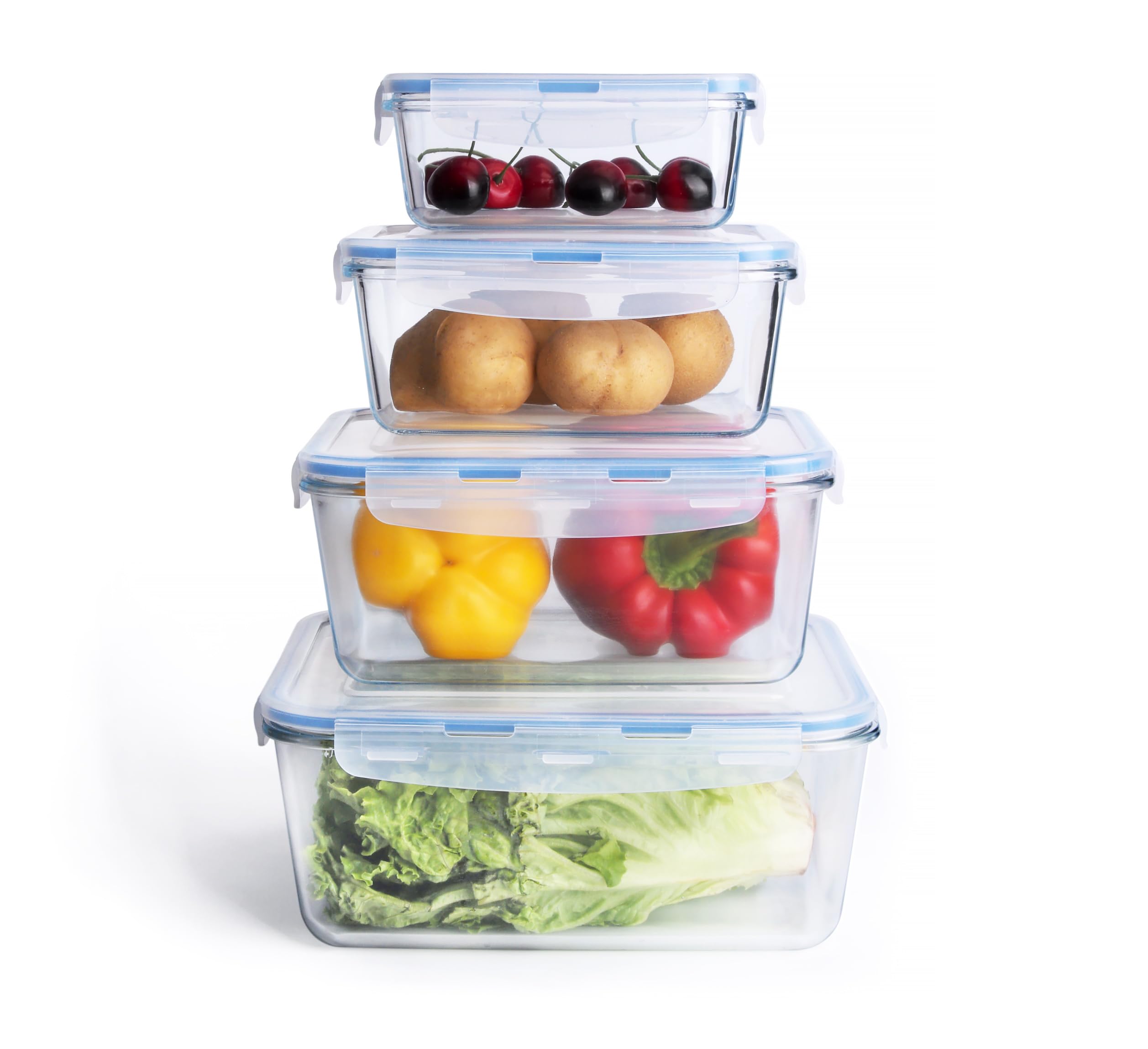 Recipientes de cristal para alimentos - 8 pieza (4 envase, 4 tapa) Set de Contenedores de Alimentos, Apto para lavavajilla, microondas, congelador, A Prueba de Fugas, Sin BPA (Rectangular)