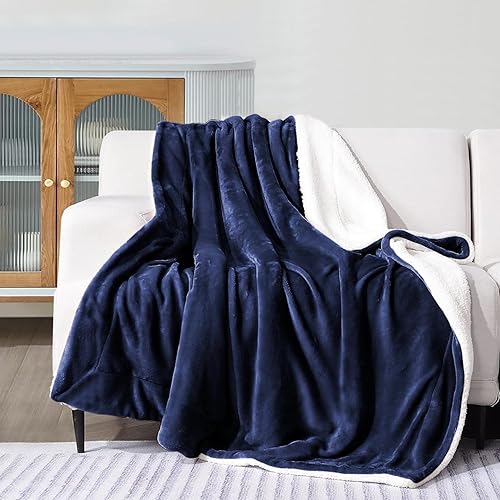 Miniatura 6 de IR Imperial Rooms Mantas Sherpa tamaño Queen  Mantas gruesas y cálidas para invierno, reversible, suave y esponjosa, tamaño Queen para cama, azul