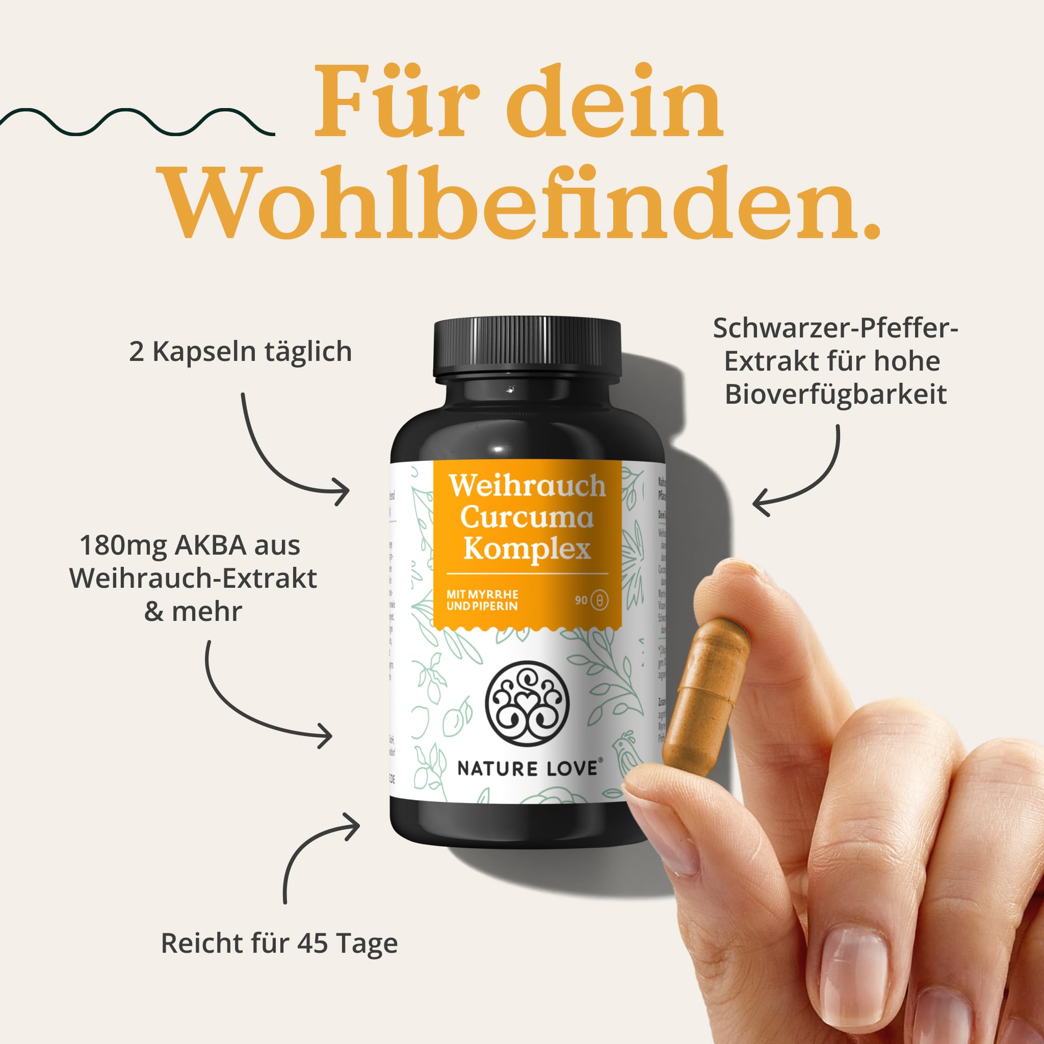 NATURE LOVE® Weihrauch Kurkuma Kapseln - 90 Stück - 600mg Weihrauch Extrakt davon 360mg Boswellia mit Myrrhe Vitamin C - hochdosiert & vegan - laborgeprüft und hoch bioverfügbar