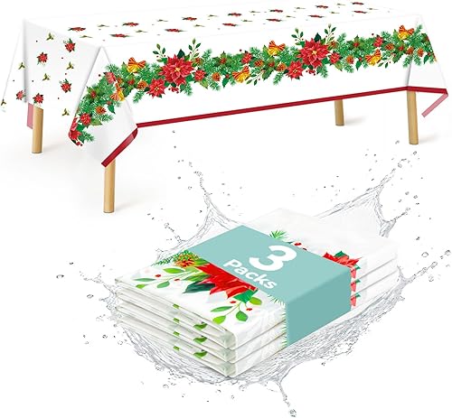 Paquete de 3 manteles de plástico de 54 x 108 pulgadas, rectangulares, desechables, impermeables, con cinta roja acebo, suministros para fiestas,