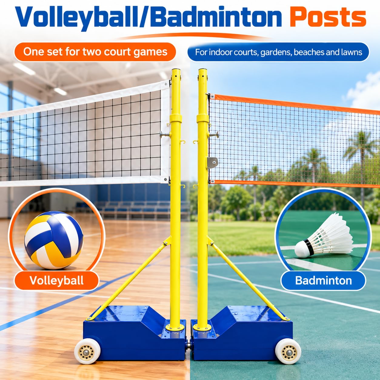 Postes de Vóleibol/Badminton,Altura Máxima 2,1 m,Base Rellenable de70-80 kg