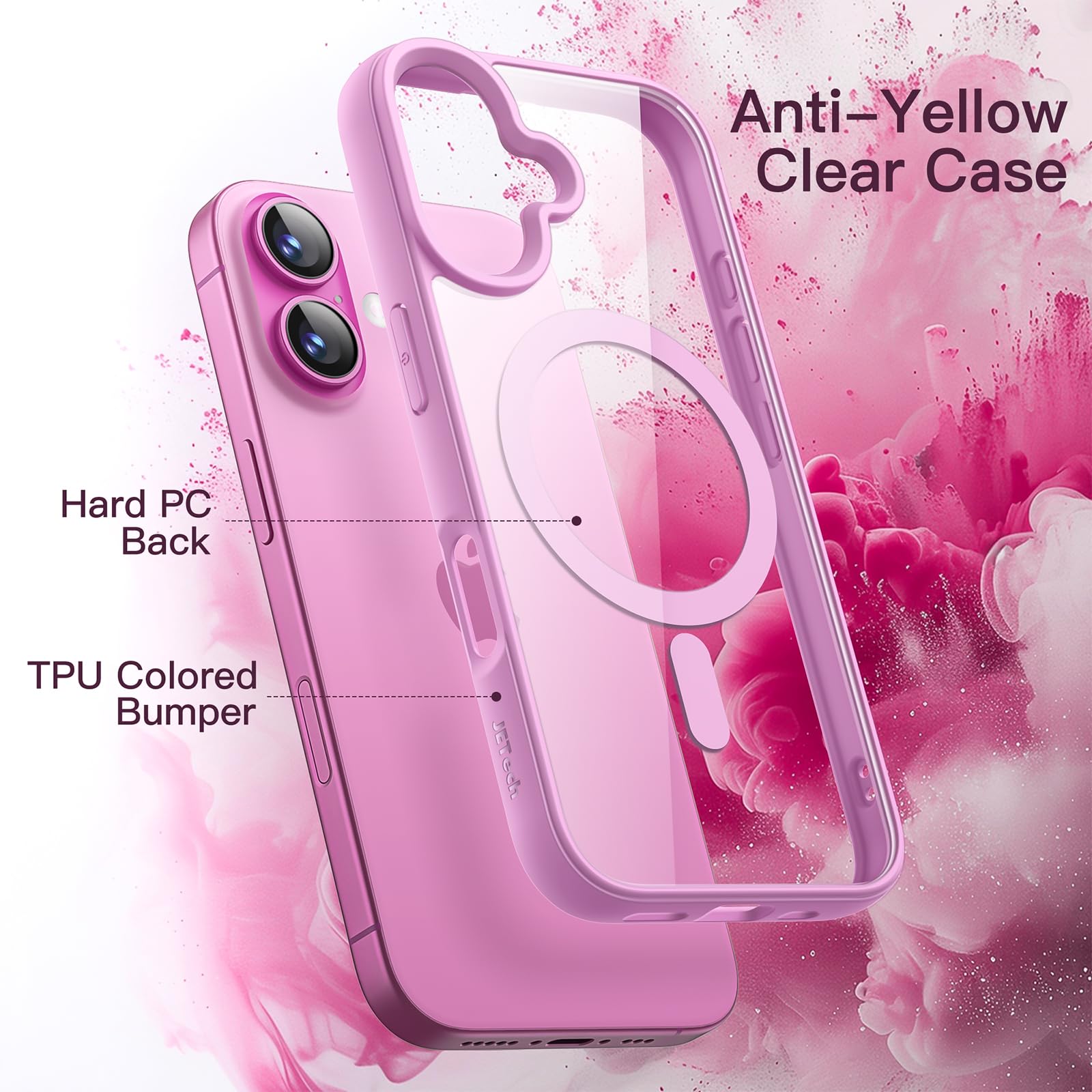 JETech Cover Magnetica per iPhone 16 6,1 Pollici Compatibile con MagSafe, Antiurto Paraurti Custodia, Solida Colore Opaco TPU Telaio, Anti-Graffio Retro Trasparente (Rosa)