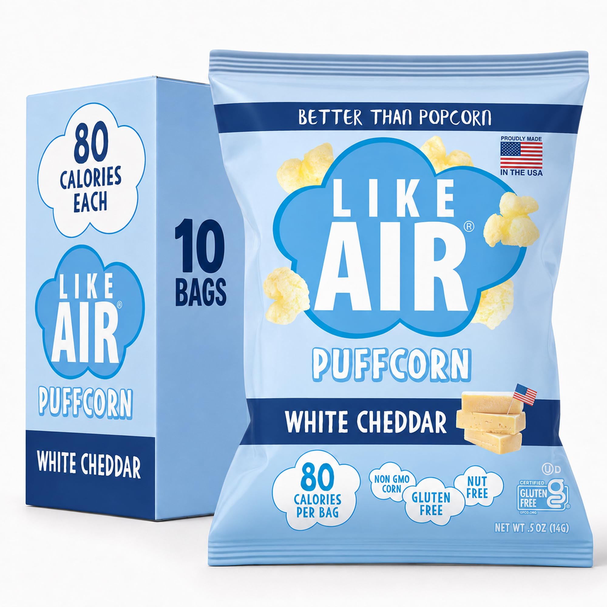 Like Air Salgadinho de milho sabor cheddar branco, 10 pacotes