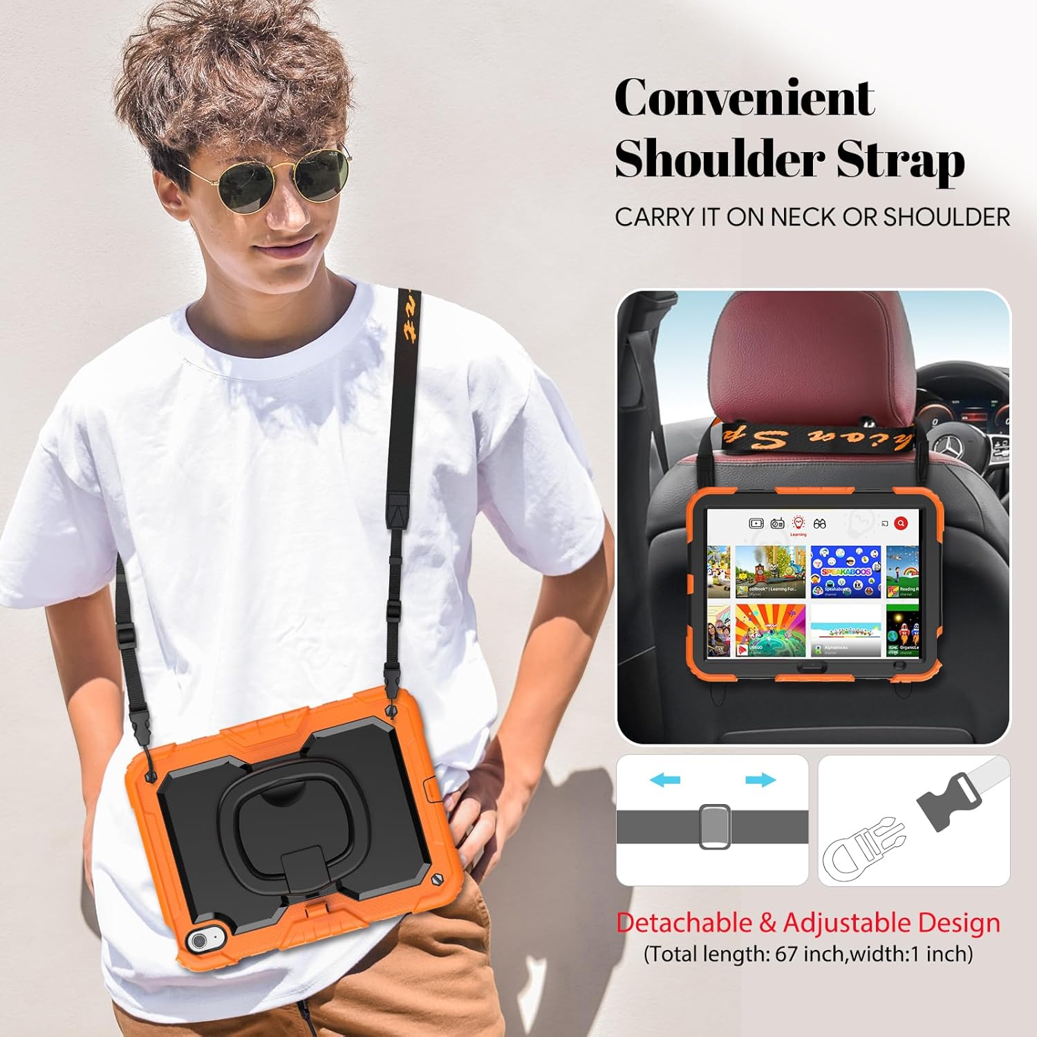 HXCASEAC Case for iPad A16 11th/10th Generation, Full Body Protective with 360 Degree Rotating Handle Stand, Screen Protector, Pencil Holder, Shoulder Strap (A2969/A2757/A3354/A3355/3356) - Orange
