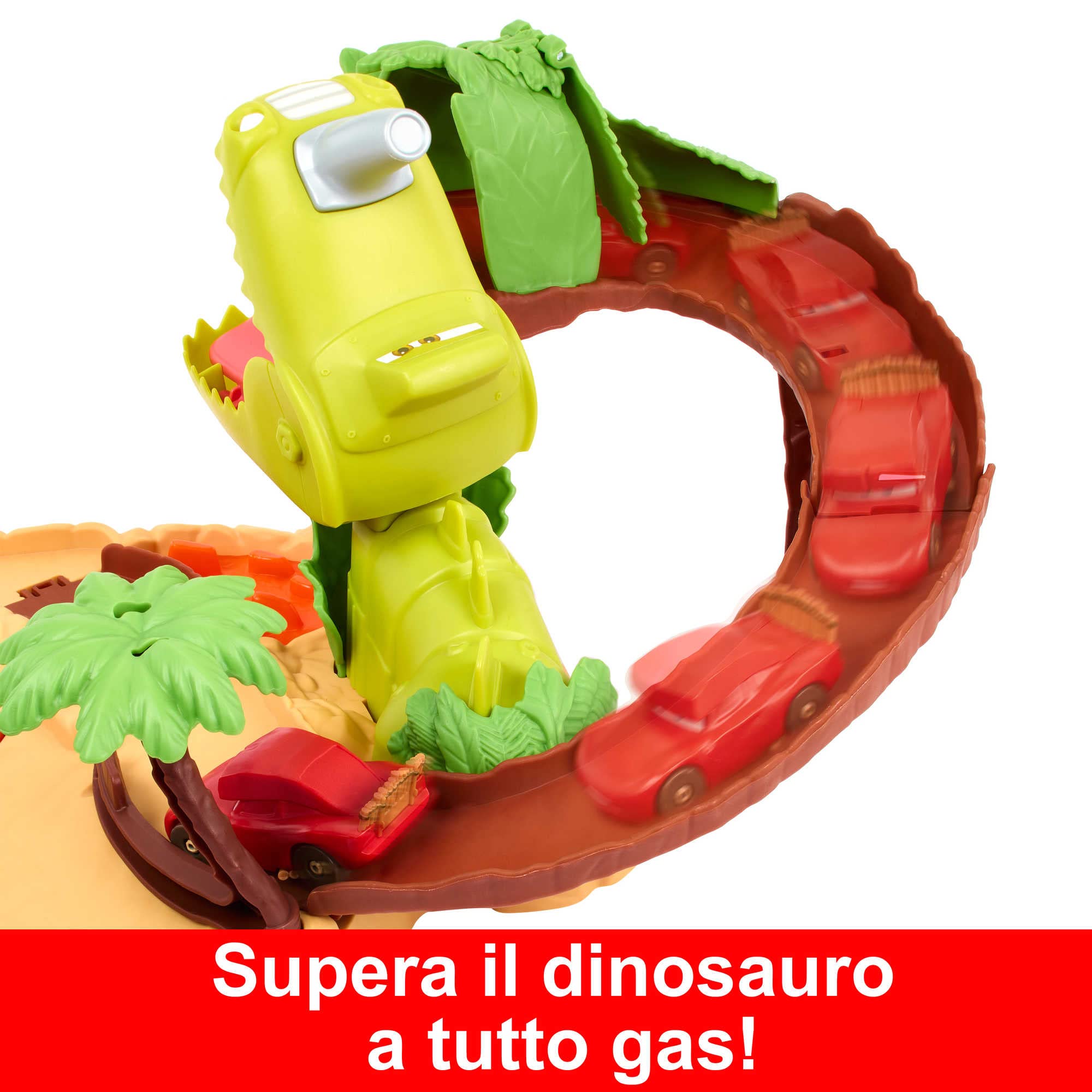 Mattel Disney Pixar Cars On The Road - Set Parco dei Dinosauri, playset con macchinina Saetta McQueen, un dinosauro e azione attivabile, giocattolo per bambini, 4+ anni, HNL99