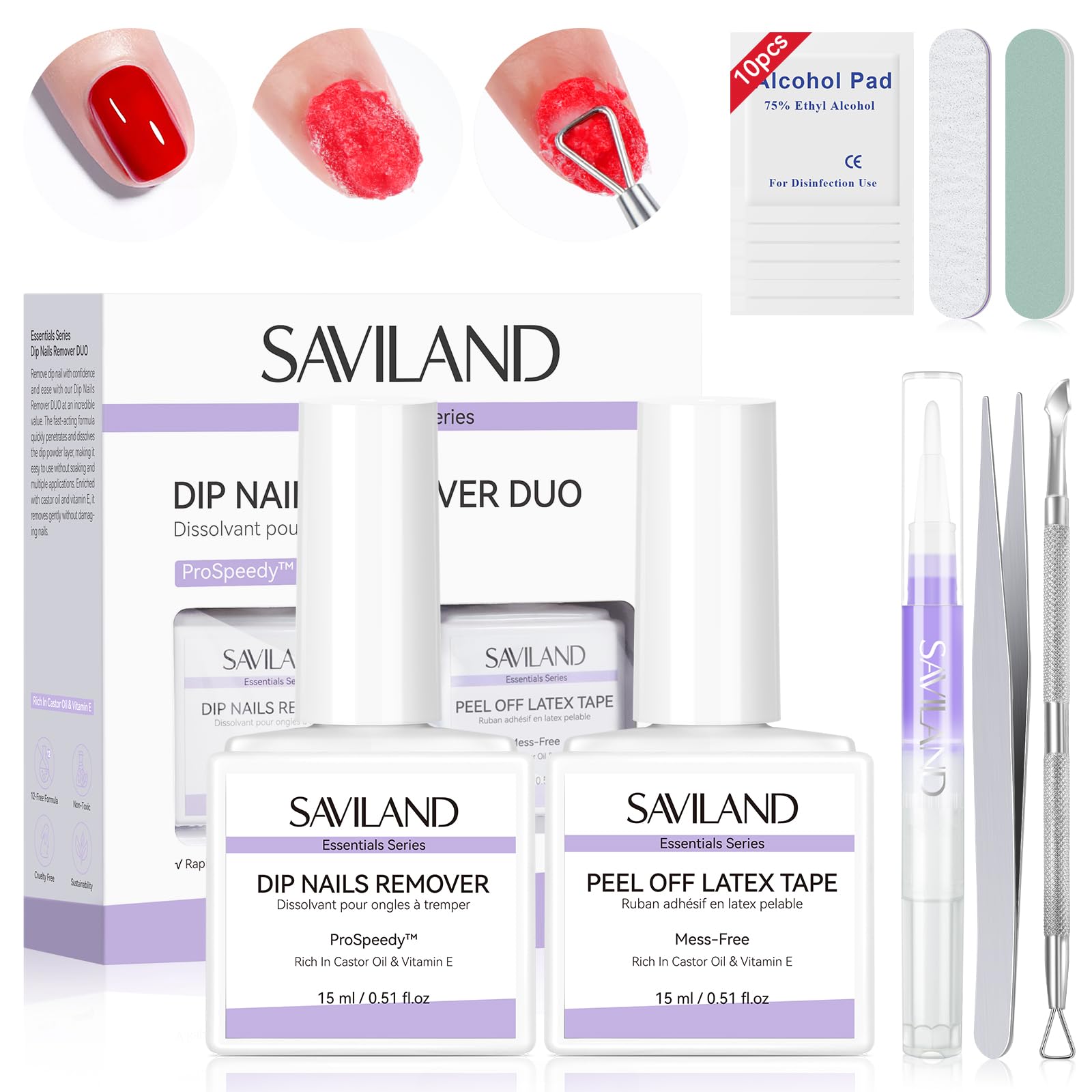 SAVILAND Essentials Dip Powder Remover Kit: Fast Removal Dip Nail Remover with Liquid Latex Peel Off Cuticle Oil Manicure Tools For Dip Nails Remove No Need Soaking Or Wrapping