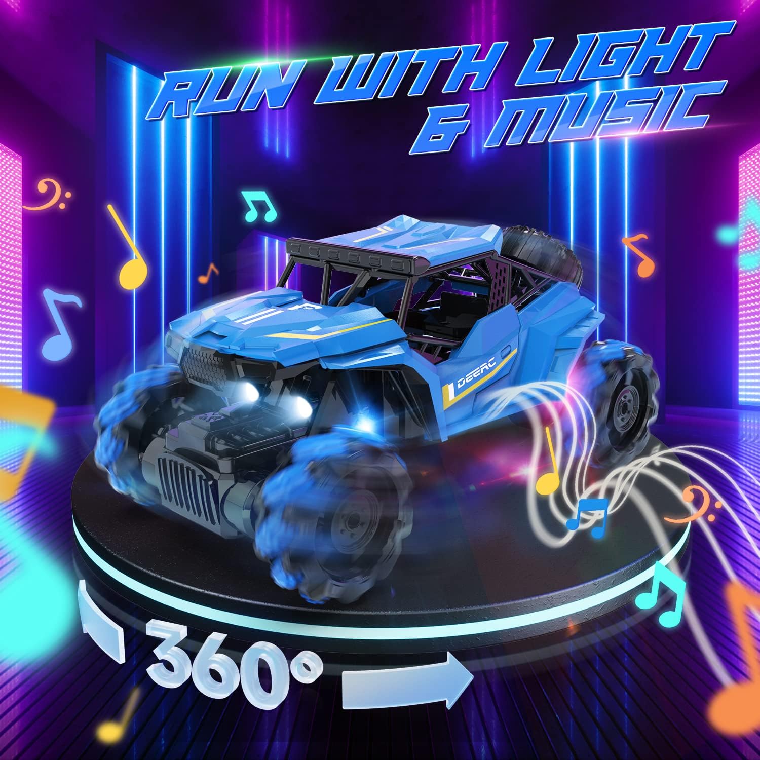 DEERC Remote Control Car, RC Stunt Car W/Lighting & Sound, 360° Rotation 4WD 2.4GHz All Terrain Monster Trucks, 2 Rechargeable Batteries 50 Min Play