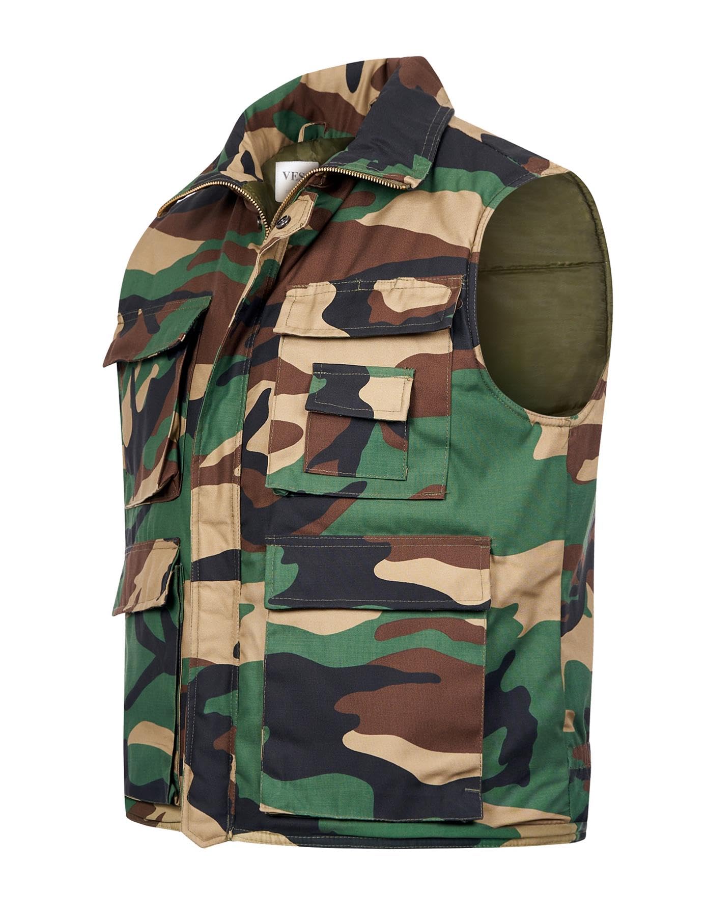 VINTIKA Men’s Padded Body Warmer Military Combat Vest - Multi Pocket Unisex Camo Army Gilet Hiking Waistcoat - Woodland Camo - XL