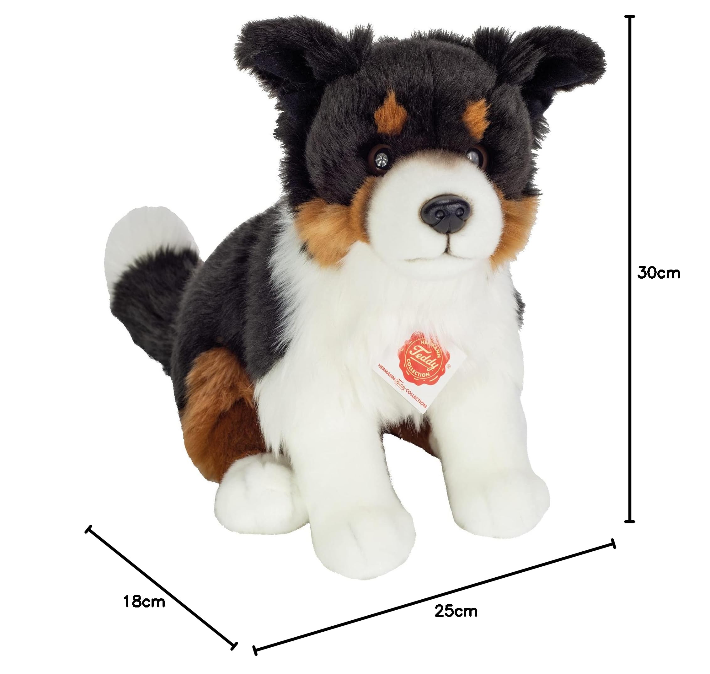 Teddy Hermann 91956 pies Border Collie Tri-Color siedzący 30 cm, przytulanka z idealną zawartością recyklingu (wypełnienie)