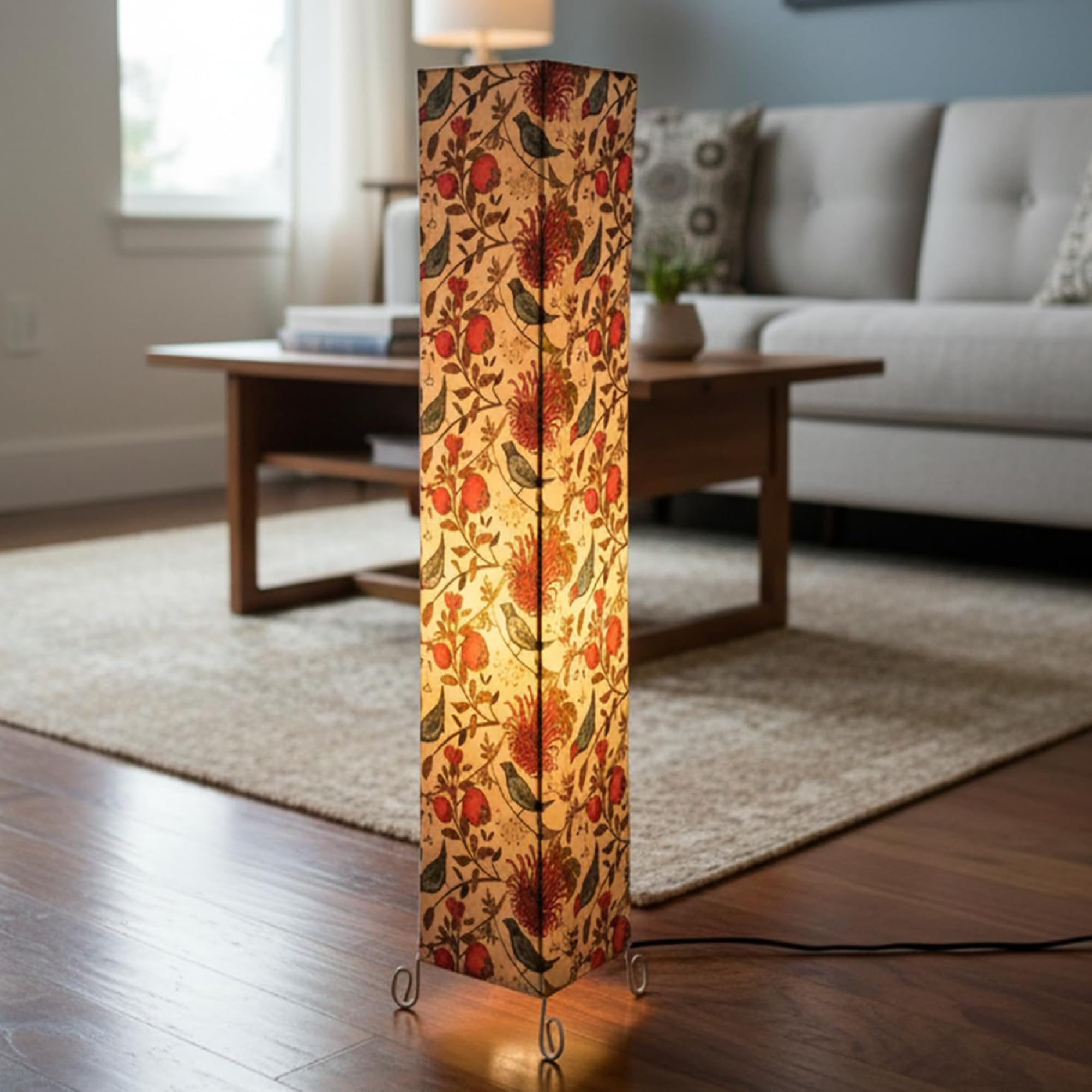 Bird Floral Square Floor Lamp with Fabric Shade – Tall Standing Column Light for Living Room, Bedroom & Office – Soft Ambient Corner Lighting-image-0