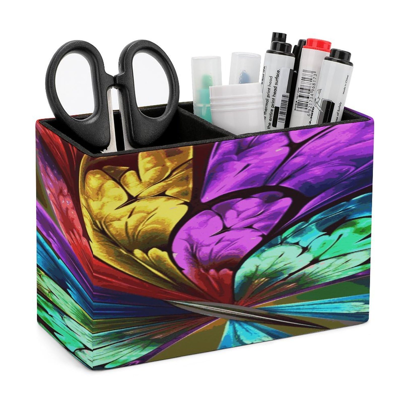LDGSUPH Rainbow Butterfly Leather Pen Holder for Desk Organizer Caddy Large Pencil Cup Multi-function Pencil Holder Makeup Brush Holders Pen Organizer for Home Office Storage Box