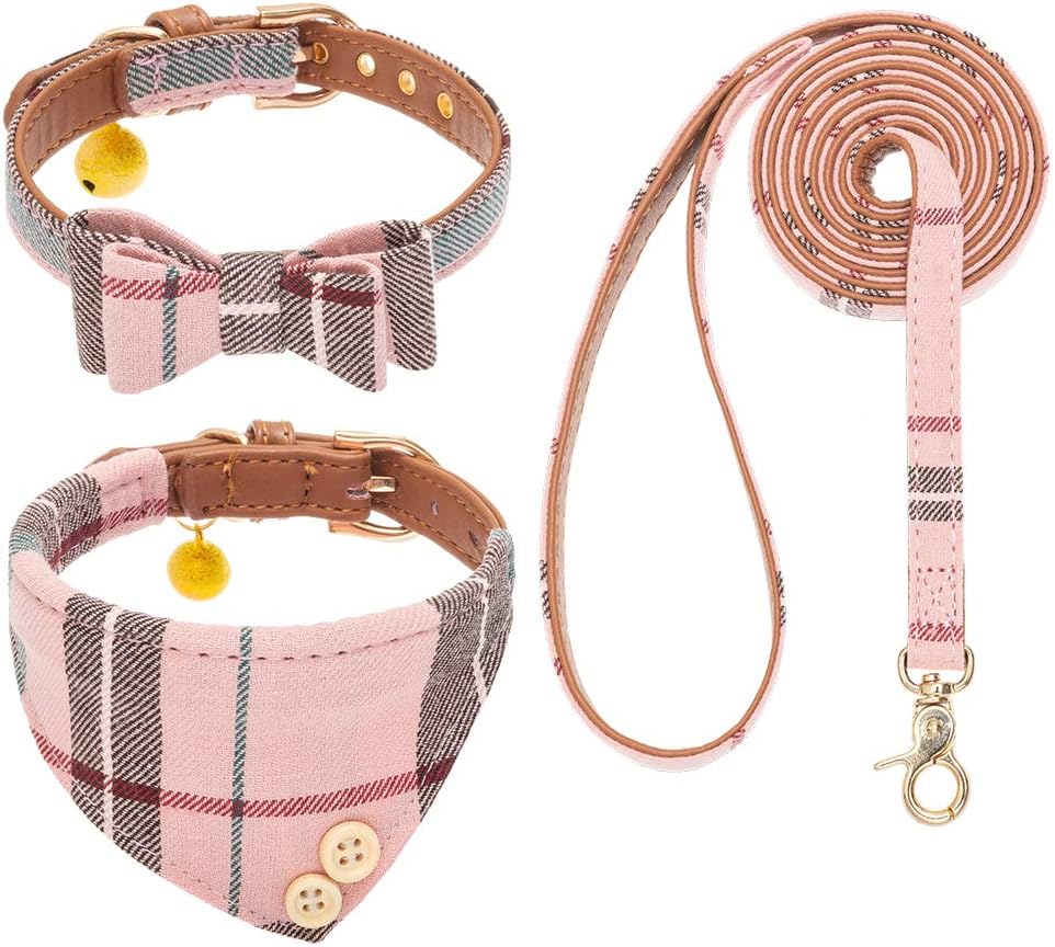 EXPAWLORER Bow Tie Dog Collar and Leash Set Classic Plaid Adjustable Dogs Bandana and Collars with Bell for Puppy Cats 9 PCS