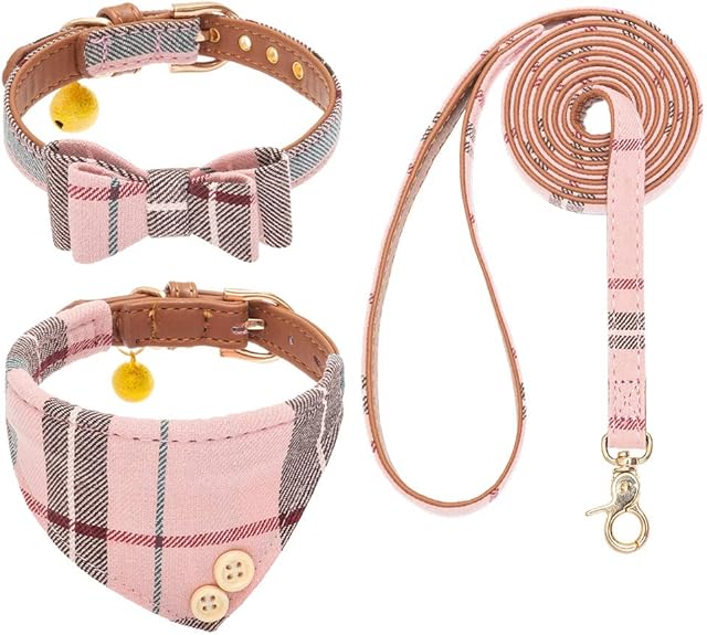 EXPAWLORER Bow Tie Dog Collar and Leash Set Classic Plaid Adjustable Dogs Bandana and Collars with Bell for Puppy Cats 3 Count