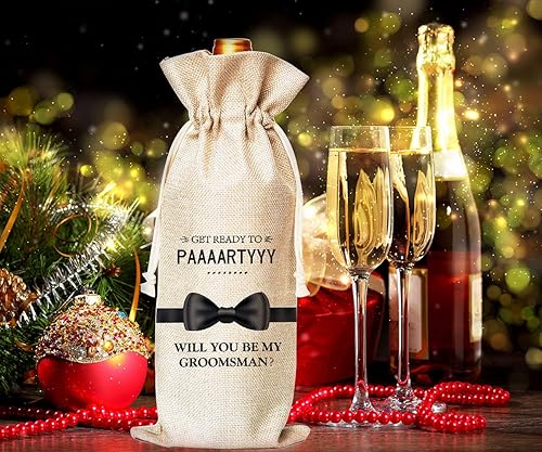 Miniatura 4 de Muruseni Regalos de propuesta de padrino, bolsas para botellas de vino, Will You Be My Groomsman Proposal, bolsas de vino de lino de algodón con
