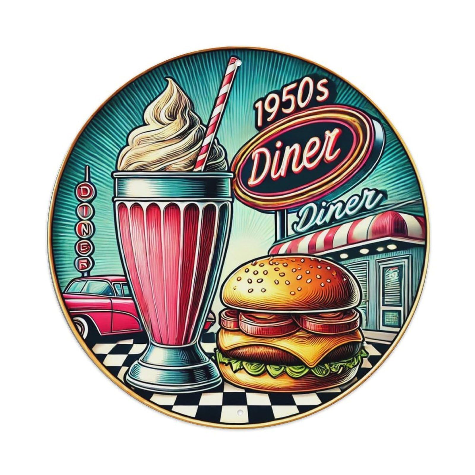 Retro Diner Food Art Vintage Metal Tin Sign Retro Wall Decor for Home Bar Garage Cafe, Indoor & Outdoor Decorative，circle Metal Poster, 8x8 Inch