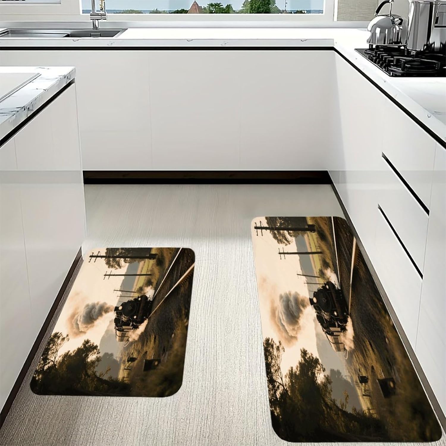 Steam Train Kitchen Mat Set of 2 Ergonomic Comfort Velvet Rugs Cushioned Anti-Fatigue Non-Slip Standing Mats Thick Kitchen Floor Mat Carpet Runner Rugs 16"×24"+17"×47"