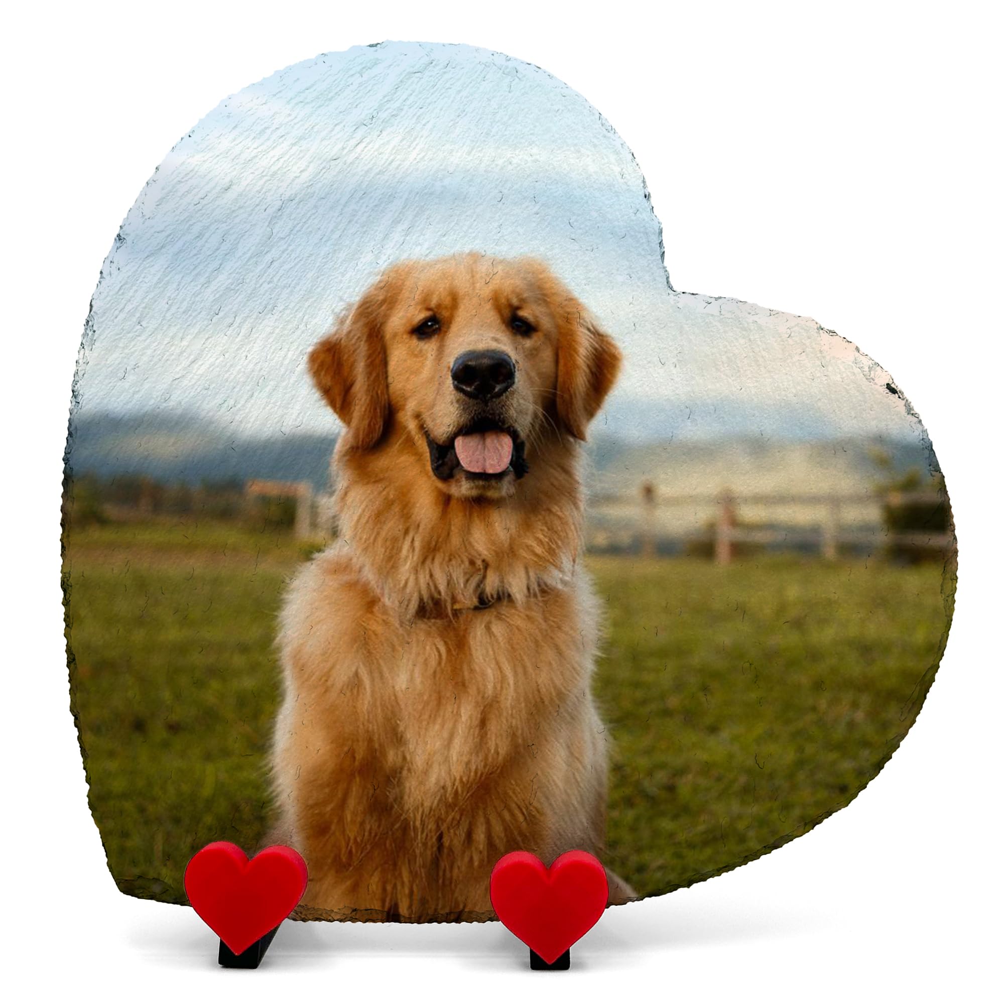 AIGAT Personalised Custom Heart Shape Memorial Plaque 9.8" x 9.8" / 25 x 25 cm With Heart Stand For Pet Cat Dog Slate Stone Paw Grave Marker - Full Photo Side — image 1