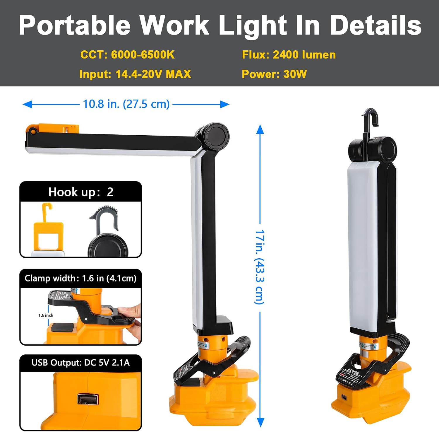 Work Light Cordless Tools Light for Dewalt 20V Battery, 30W Portable LED Folding Work Light with USB Output, 2400LM for Construction Renovation & Home Repair Lighting [Battery Not Included]