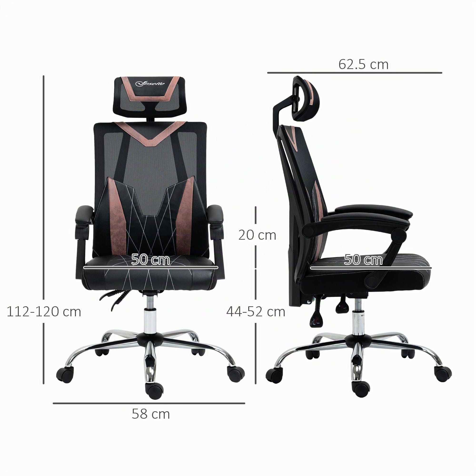 Vinsetto Sedia da Ufficio Ergonomica con Rotelle 58x62.5x112-120cm Rosa