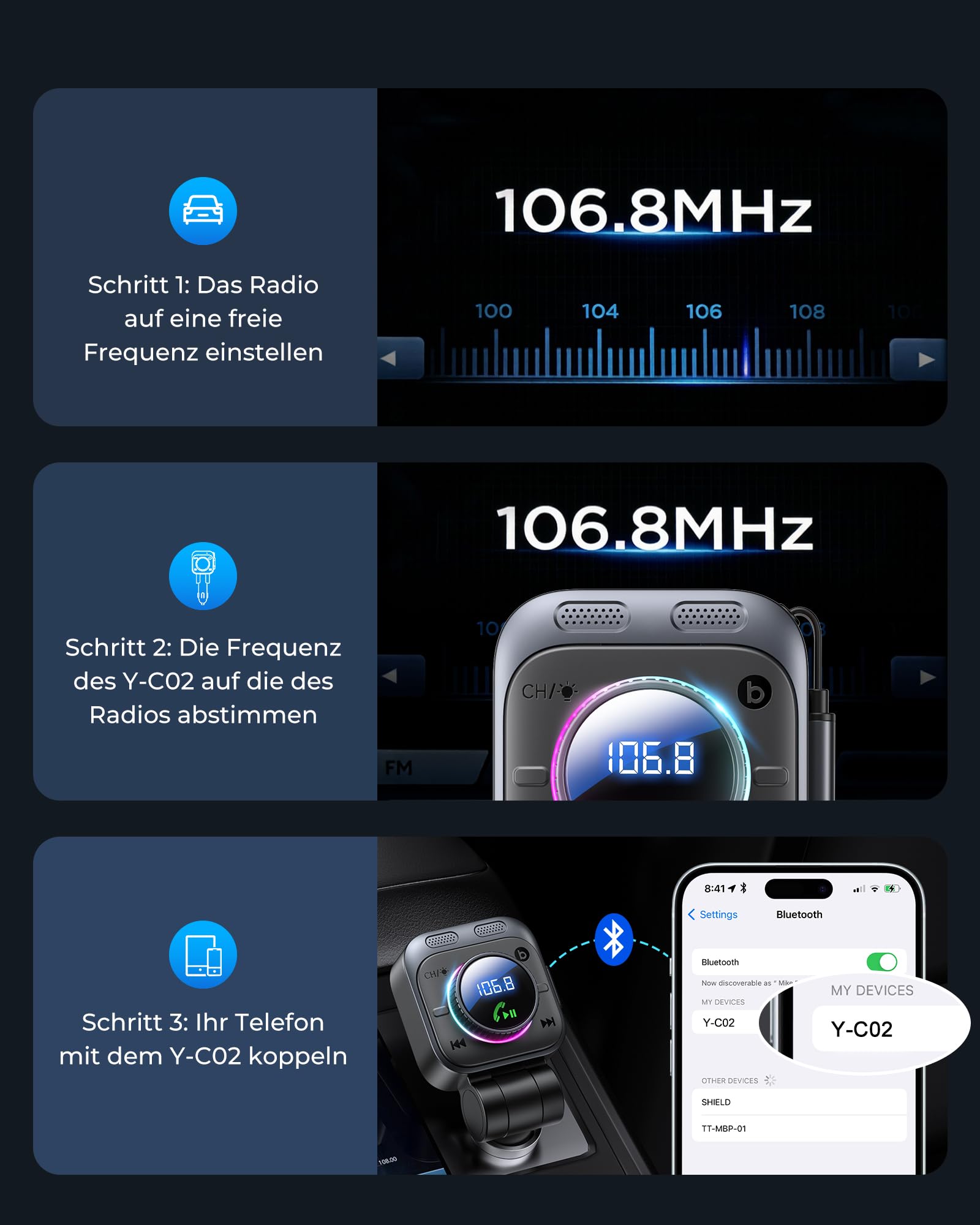 LENCENT 72W FM Transmitter Auto Bluetooth 5.4, Bluetooth Adapter Auto mit ausziehbarem Ladekabel, Zigarettenanzünder USB-C, Bass & Freisprecheinrichtung, Musik Adapter, 180° drehbar für iPhone 16/15