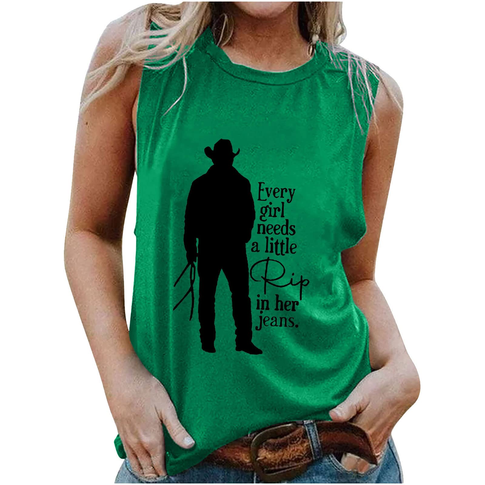Rkaixuni Girls Green Every Needs A Little Rip In Her Jeans Graphic Tee Shirts Women's Summer Sleeveless Tank Tops Sexy Casual Tunics