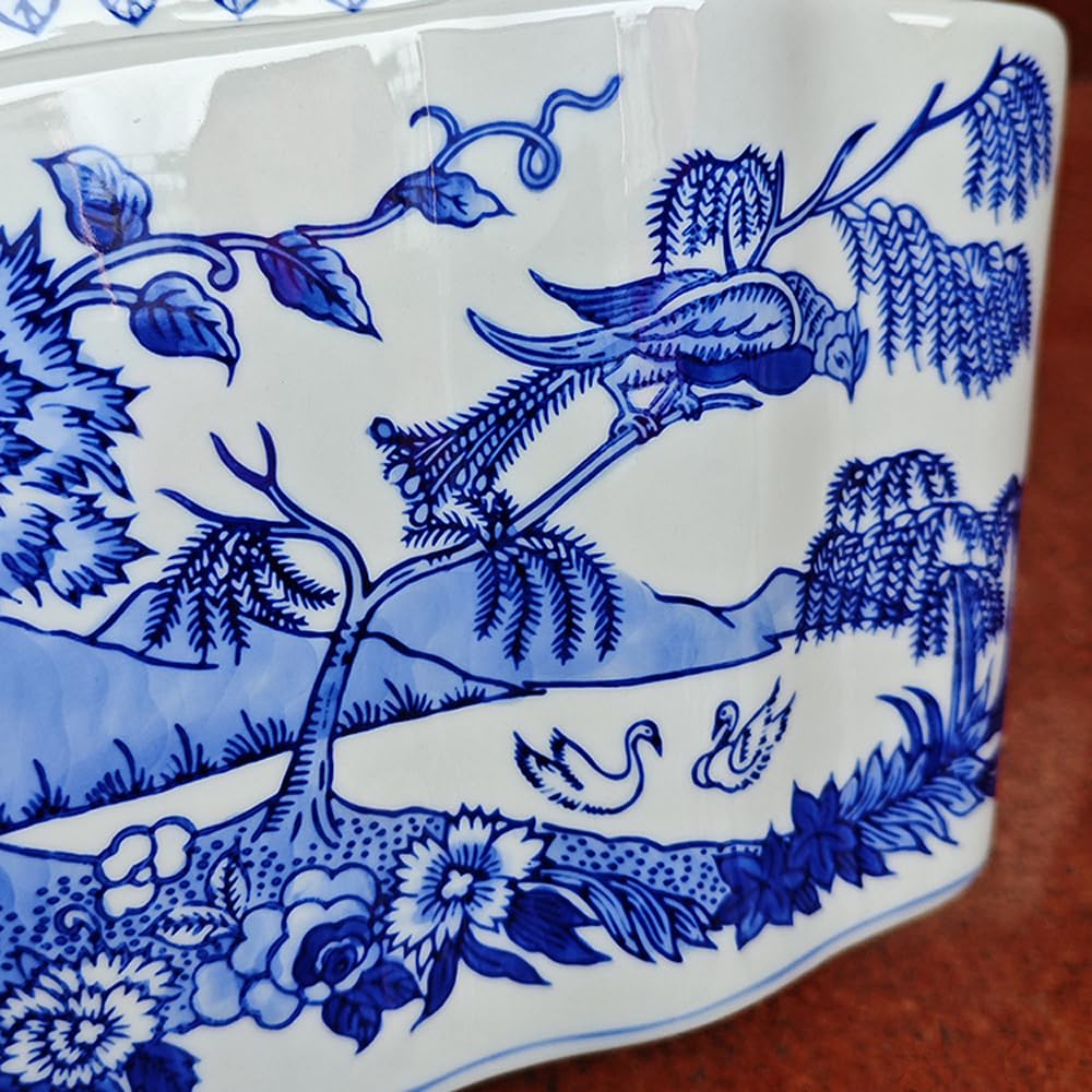 Niebiesko-Biała Ceramiczna Doniczka – Owalny Wazon W Stylu Vintage Z Motywem Kwiatowym Na Rośliny Doniczkowe, Kwiaty I Sukulenty – Szkliwiona, Dekoracyjna Misa W Stylu Ch,non-perforated
