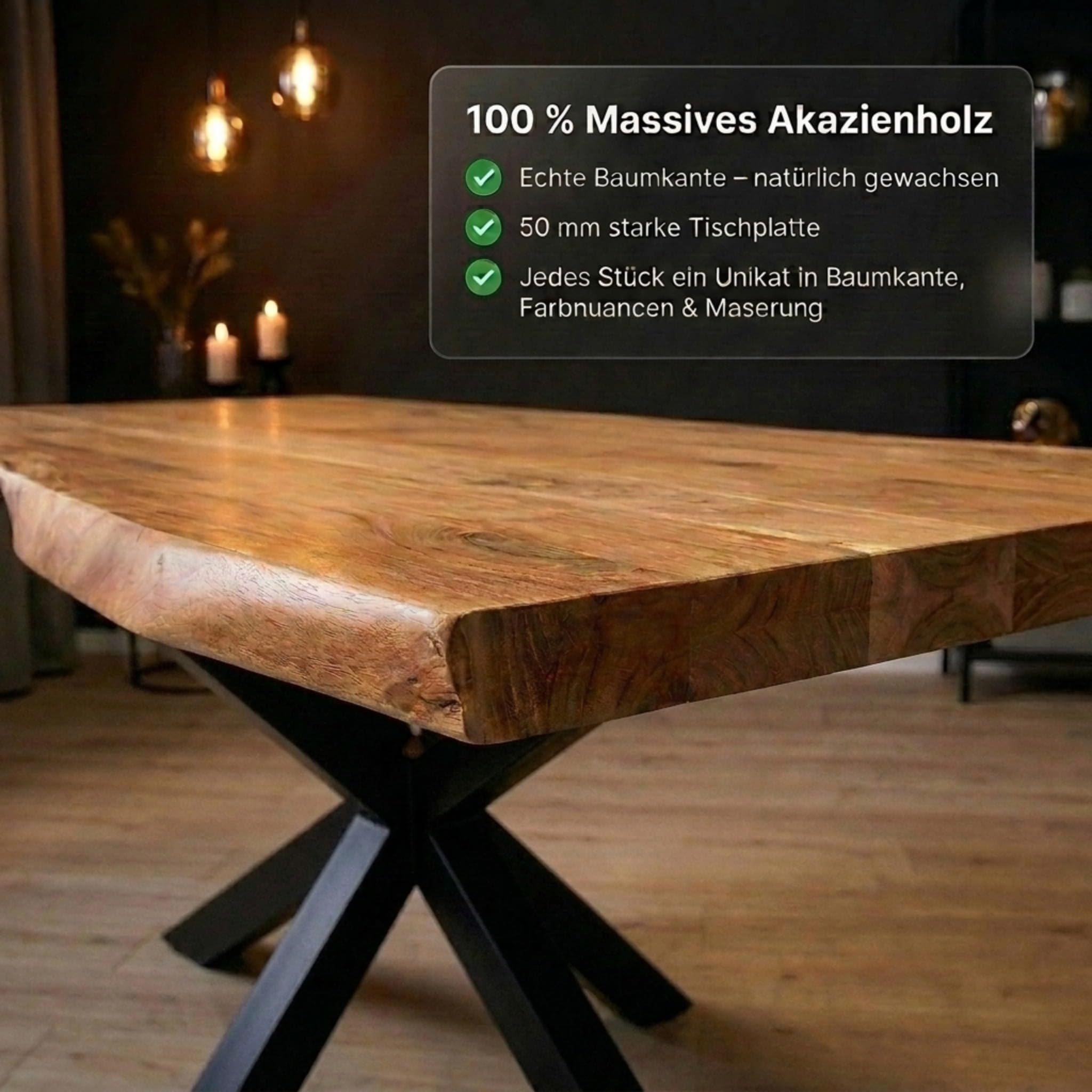 SAM Esstisch Cali 180x90 cm Akazie Natur Spider-Gestell schwarz | Baumkantentisch massiv, Akazienholz naturfarben, Esszimmertisch, Industrial-Design