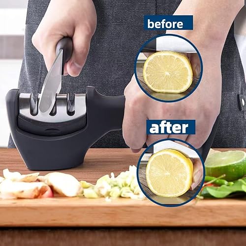 Miniatura 4 de Afilador de cuchillos profesional de 3 etapas con tecnología de tracción direccional, ruedas de diamante y tungsteno para cuchillas rectasdentadas,