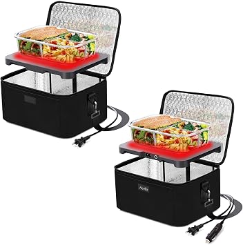 Portable Food Warmer Personal Mini Portable Oven - 110V Electric Heated Lunch Box for Work and 12V 24V 110V 3-in-1 Car Food Warmer Bundle Black
