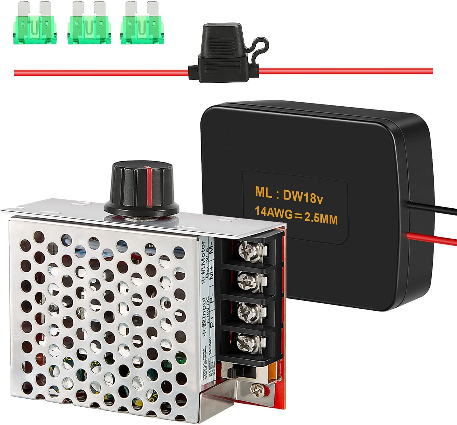 Ruzixt 7-70V 30A PWM DC Motor Speed Controller Switch Set with 30 Amp Fuse and Power Wheels Adapter Compatible with Dewalt 18V/20V Dock Power Connector 14 Gauge Robotics - - 