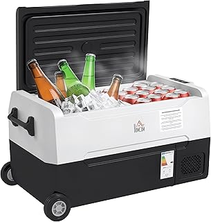 HOMCOM Nevera Compresor Portátil 30,5L Refrigerador de Coche -20℃-20℃ 12 / 24V DC y 100-240V CA con 2 Ruedas Asas y Compartimento Congelador para Camping Viajes 72,6x39x37,3 cm Negro