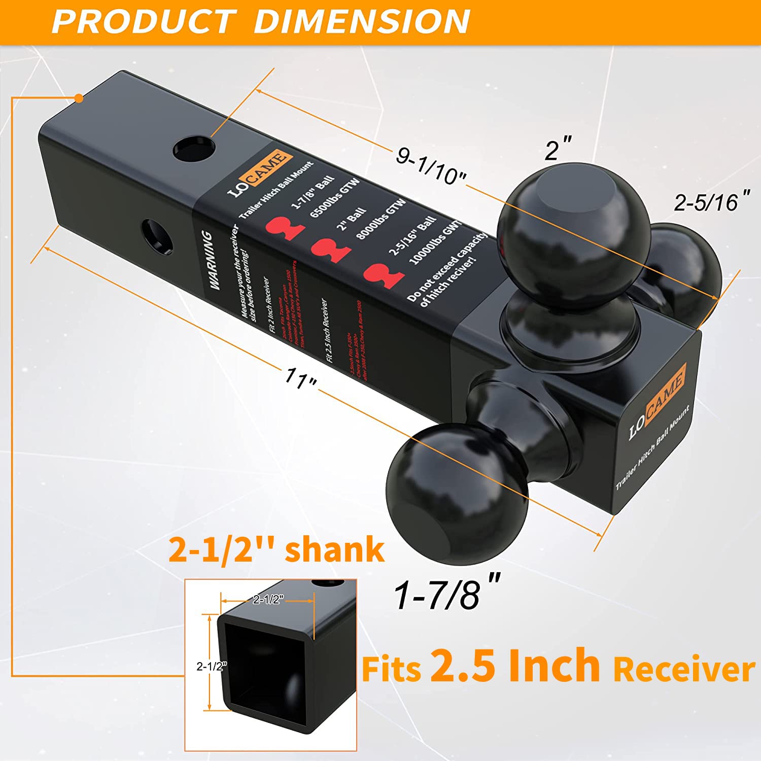 LOCAME Tri-Ball Trailer Hitch Ball Mount, Fits 2-1/2-Inch Receiver, 1-7/8", 2", 2-5/16" Ball Hitch, 18500 LBS GTW-Tow Hitch for Heavy Duty Truck, Black, LC0043