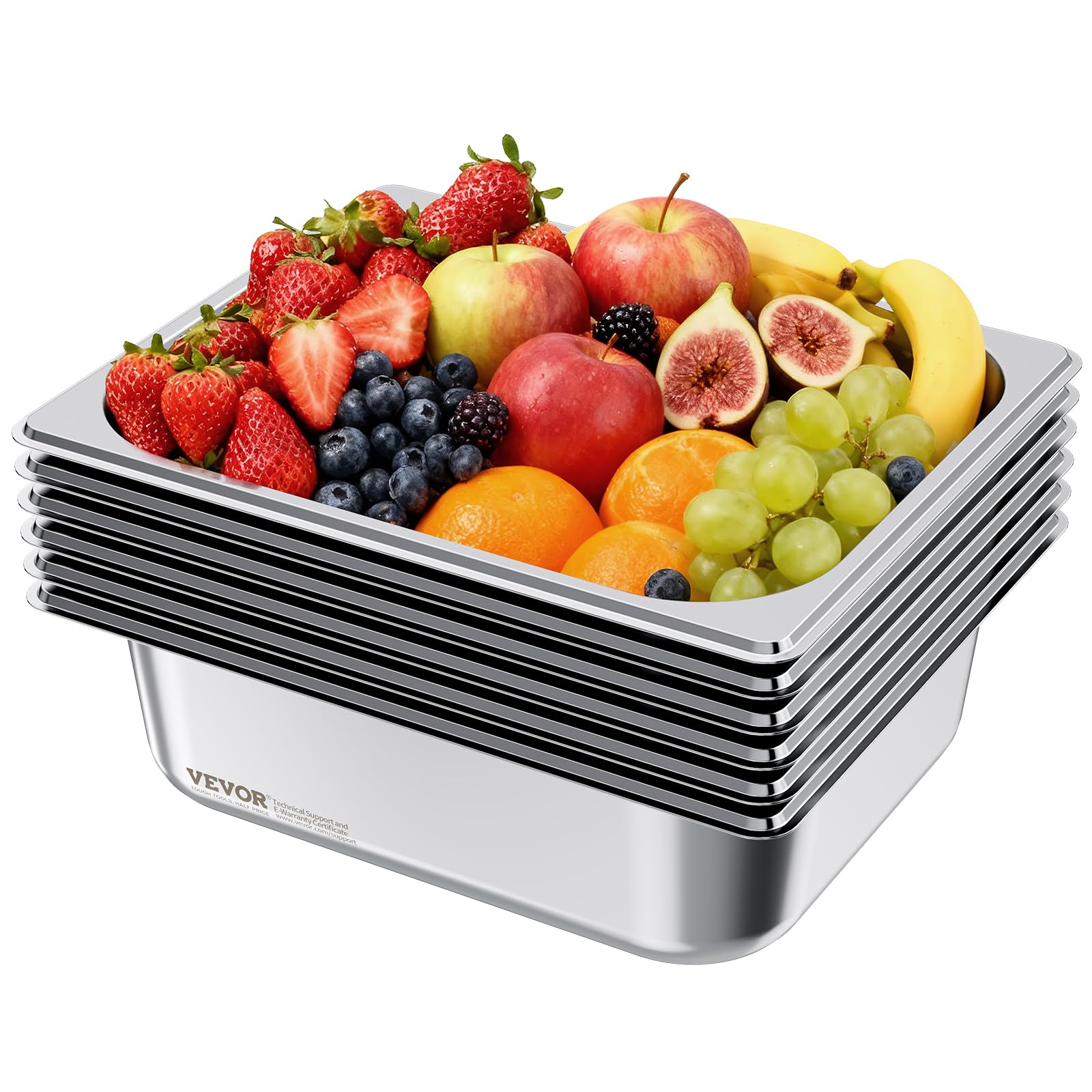 VEVOR Recipiente Gastronorm para Hotel 1/2 Tamaño, Paquete de 6, 6 L, Recipientes Reutilizables, Acero Inoxidable, Bandeja para Alimentos para Fiestas, Restaurantes y Bufés, 325 x 265 x 99 mm