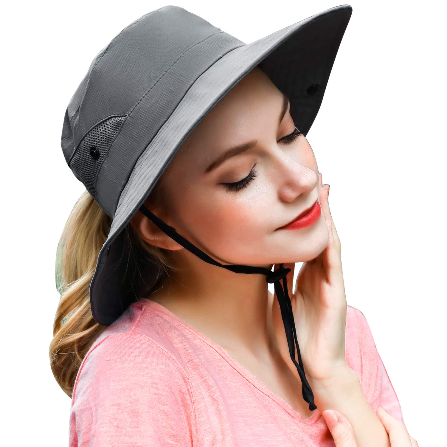 PanPacSightWomens Outdoor Sun Hat Breathable Packable Boonie Wide Brim Bucket Cap Fishing Hiking Ponytail Hole