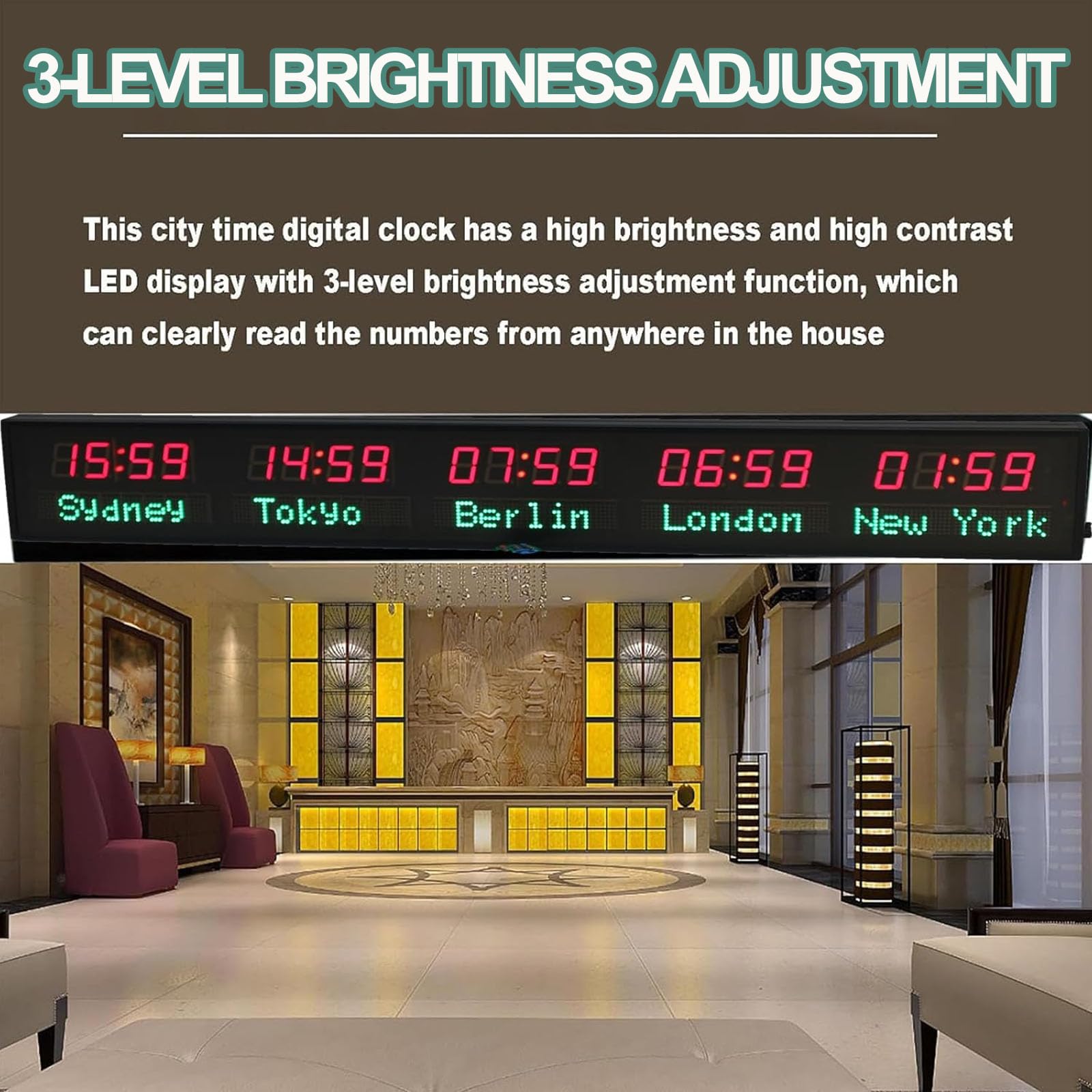 Orologio orario mondiale con display a 5 città, fusi orari multipli a LED, 3 livelli di luminosità, alloggiamento interamente in alluminio per ufficio, hotel e uso aziendale