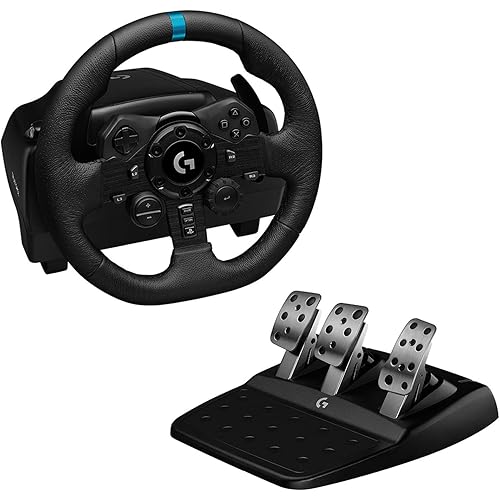 Logitech G923 Racing Wheel and Pedals for PS 5, PS4 and PC featuring TRUEFORCE up to 1000 Hz Force Feedback, Responsive Pedal, Dual Clutch Launch Control, and Genuine Leather Wheel Cover (Renewed)
